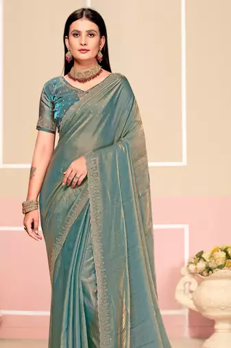 Turquoise Zari Embroidered Satin Silk Saree