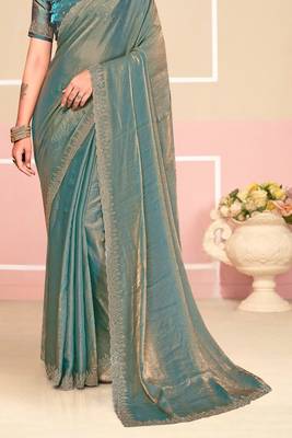 Turquoise Zari Embroidered Satin Silk Saree 4