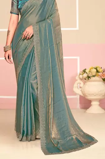 Turquoise Zari Embroidered Satin Silk Saree