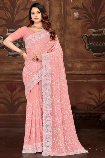 Pink Sequin Resham Embroidered Georgette Saree