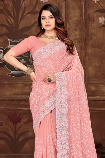 Pink Sequin Resham Embroidered Georgette Saree