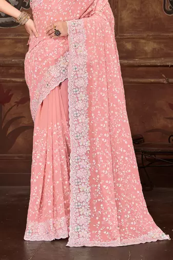 Pink Sequin Resham Embroidered Georgette Saree