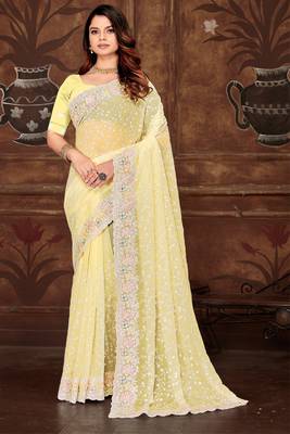 Yellow Sequin Resham Embroidered Georgette Saree 1