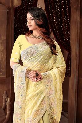 Yellow Sequin Resham Embroidered Georgette Saree 2