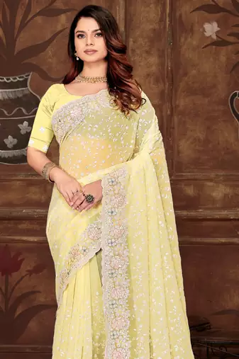 Yellow Sequin Resham Embroidered Georgette Saree
