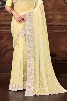 Yellow Sequin Resham Embroidered Georgette Saree 4
