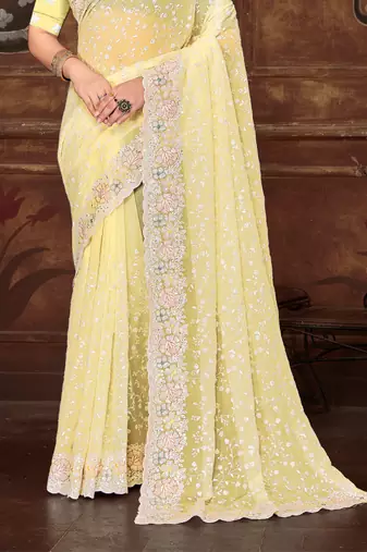 Yellow Sequin Resham Embroidered Georgette Saree