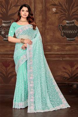 Sky Blue Sequin Resham Embroidered Georgette Saree 1
