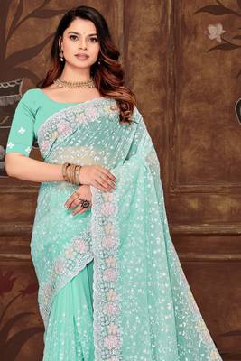Sky Blue Sequin Resham Embroidered Georgette Saree 3