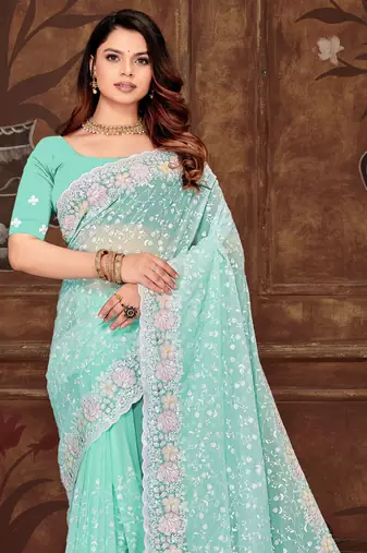 Sky Blue Sequin Resham Embroidered Georgette Saree