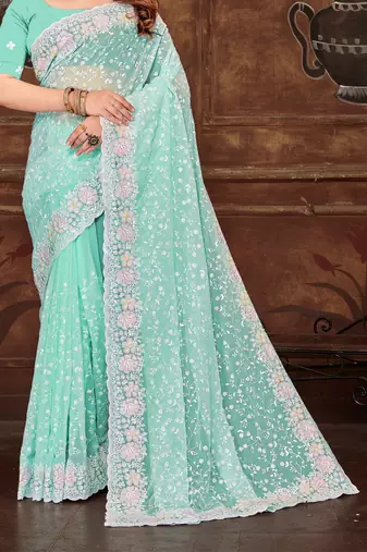 Sky Blue Sequin Resham Embroidered Georgette Saree