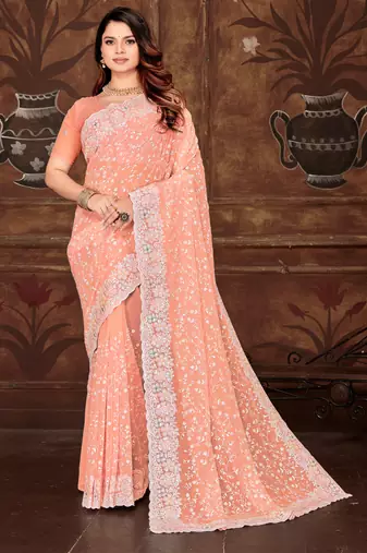Peach Sequin Resham Embroidered Georgette Saree