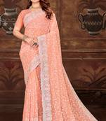 Peach Sequin Resham Embroidered Georgette Saree