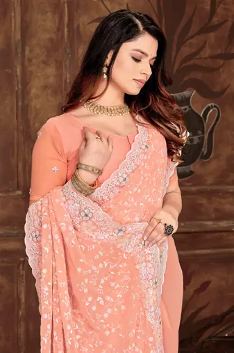 Peach Sequin Resham Embroidered Georgette Saree