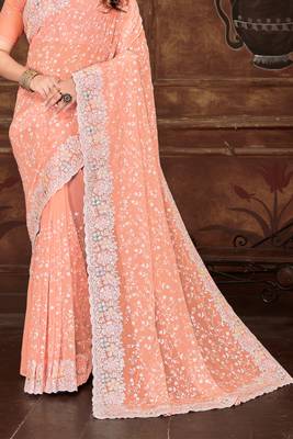 Peach Sequin Resham Embroidered Georgette Saree 4
