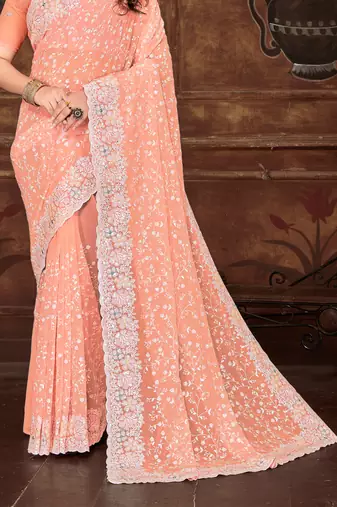 Peach Sequin Resham Embroidered Georgette Saree