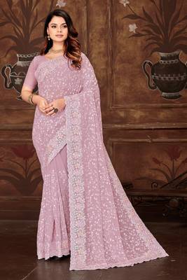 Lavender Sequin Resham Embroidered Georgette Saree 1
