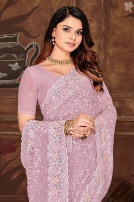 Lavender Sequin Resham Embroidered Georgette Saree 2