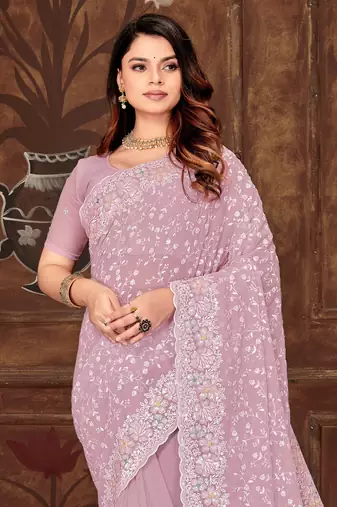 Lavender Sequin Resham Embroidered Georgette Saree