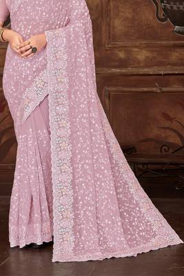 Lavender Sequin Resham Embroidered Georgette Saree 4