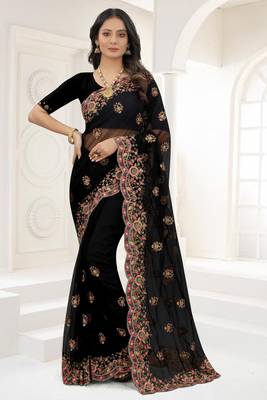 Black Zari Embroidered Net Saree With Matching Blouse 1