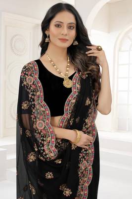 Black Zari Embroidered Net Saree With Matching Blouse 2