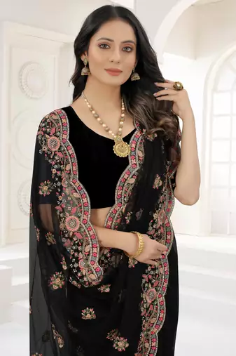 Black Zari Embroidered Net Saree With Matching Blouse