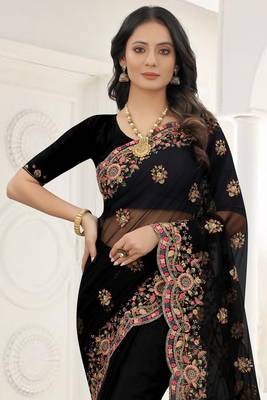 Black Zari Embroidered Net Saree With Matching Blouse 3