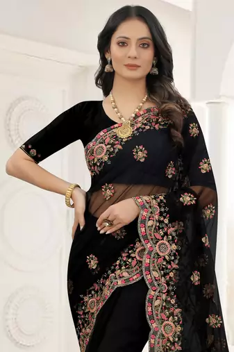 Black Zari Embroidered Net Saree With Matching Blouse