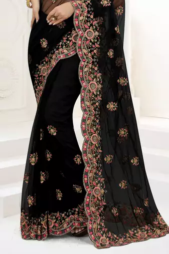 Black Zari Embroidered Net Saree With Matching Blouse