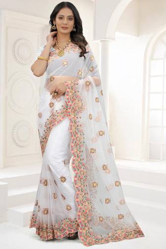 White Zari Embroidered Net Saree With Matching Blouse