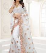 White Zari Embroidered Net Saree With Matching Blouse
