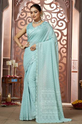 light blue georgette saree with embroidered work