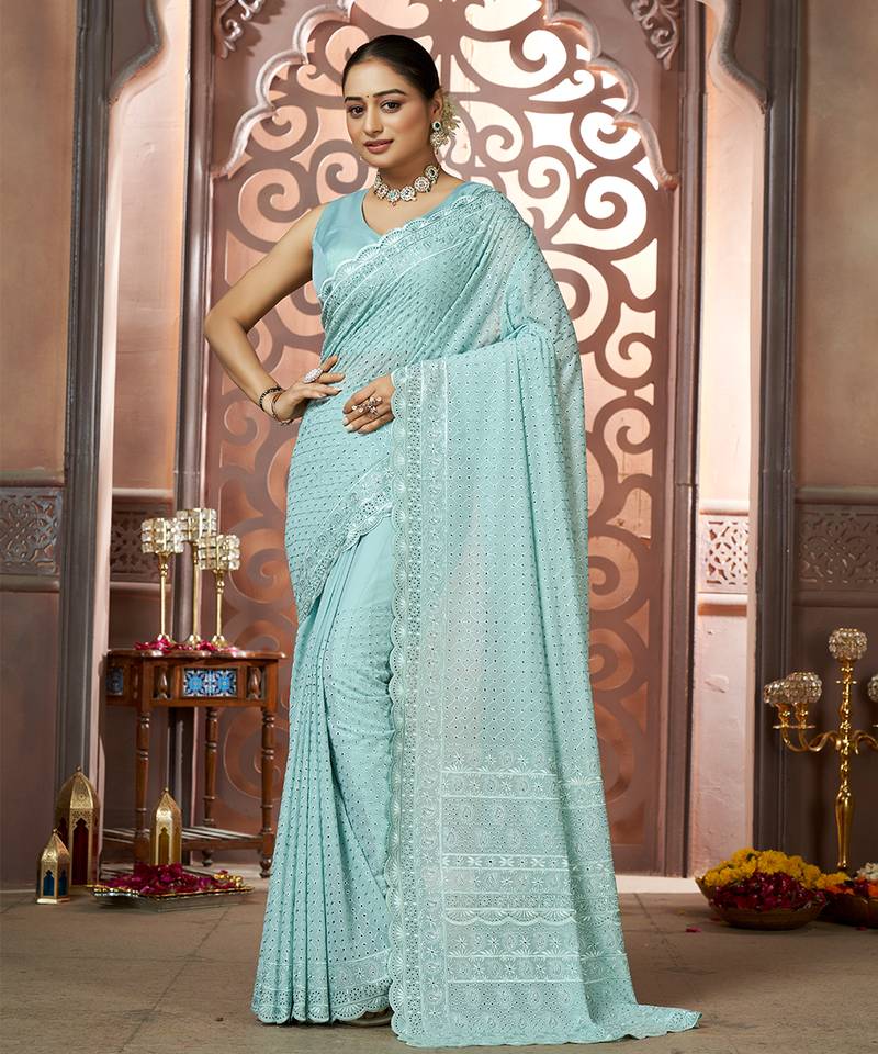 light blue georgette saree with embroidered work