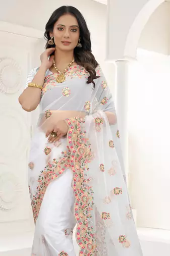 White Zari Embroidered Net Saree With Matching Blouse