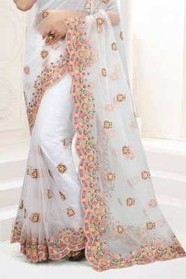 White Zari Embroidered Net Saree With Matching Blouse 4