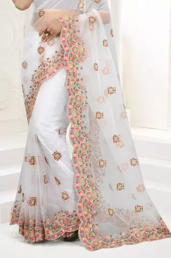 White Zari Embroidered Net Saree With Matching Blouse