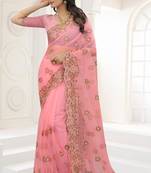 Pink Zari Embroidered Net Saree With Matching Blouse