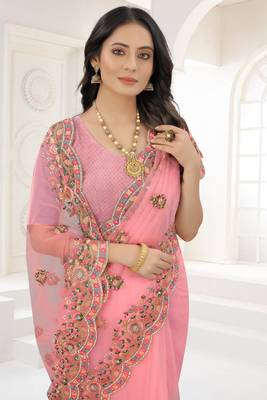 Pink Zari Embroidered Net Saree With Matching Blouse 2