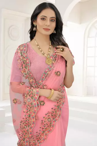 Pink Zari Embroidered Net Saree With Matching Blouse