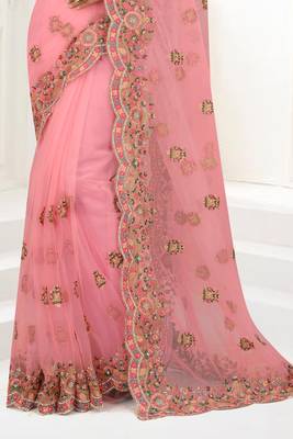 Pink Zari Embroidered Net Saree With Matching Blouse 4