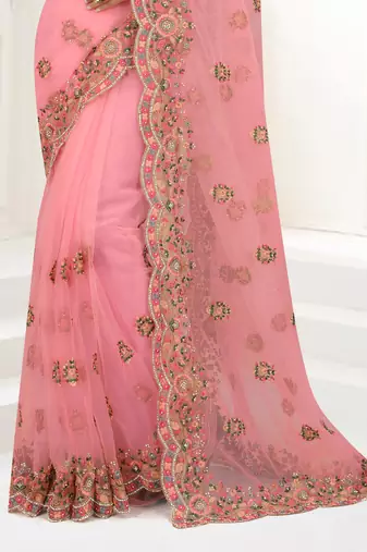Pink Zari Embroidered Net Saree With Matching Blouse