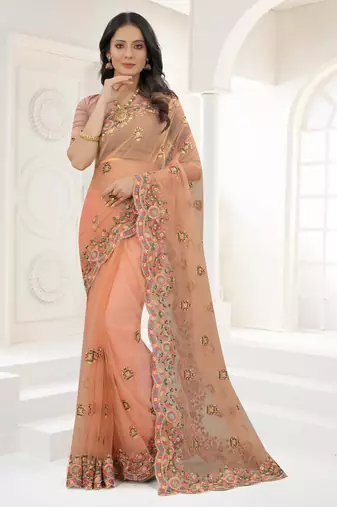 Peach Zari Embroidered Net Saree With Matching Blouse