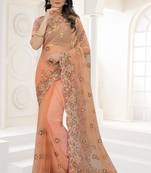 Peach Zari Embroidered Net Saree With Matching Blouse
