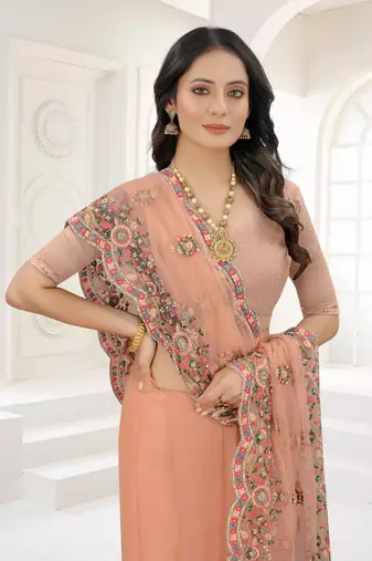 Peach Zari Embroidered Net Saree With Matching Blouse