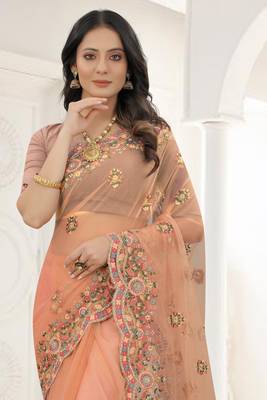Peach Zari Embroidered Net Saree With Matching Blouse 3