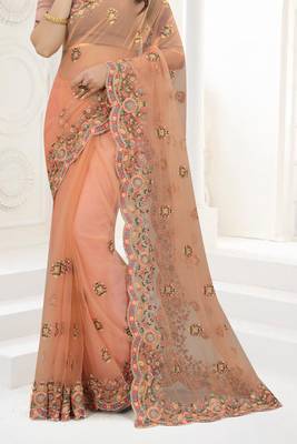 Peach Zari Embroidered Net Saree With Matching Blouse 4