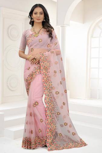 Pink Zari Embroidered Net Saree With Matching Blouse