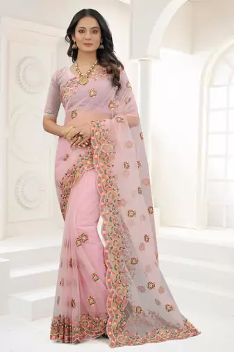Pink Zari Embroidered Net Saree With Matching Blouse