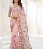 Pink Zari Embroidered Net Saree With Matching Blouse